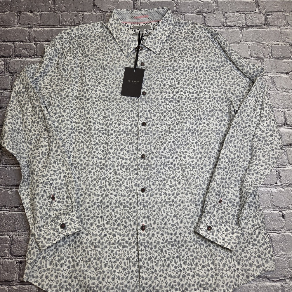 Ted Baker London Palm Tree Print Button Up Shirt Regular 3XL Linen Blend